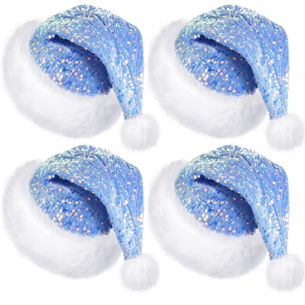 3828 4 Pcs Santa Hats Shiny Sequin Christmas Hat with Plush Brim Thicken